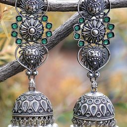 Sangria Silver-Plated Artificial Stones Studded & Pearls Beaded Oxidised Jhumkas-14