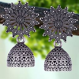 DIVASTRI Set Of 5 Silver-Plated Square Shaped Oxidized Jhumkas-10