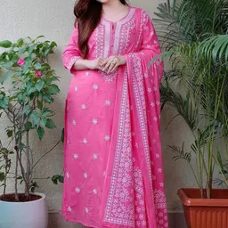 DIVASTRI Women Floral Embroidered Regular Thread Work Kurta with Trousers & With Dupatta-15