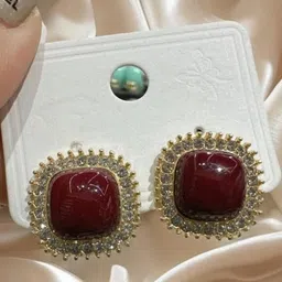 AKISON JEWELS Women Maroon Gold-Plated Square Crystals Studs Earrings-image-45