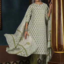 Taavi Floral Printed Keyhole Neck Pure Cotton Straight Kurta With Trousers & Dupatta-image-97