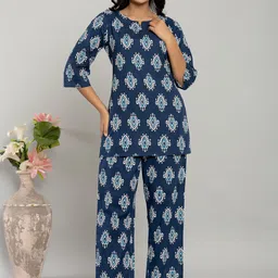 Serenita Printed Round Neck Pure Cotton Top With Trousers Co-Ords Set-14