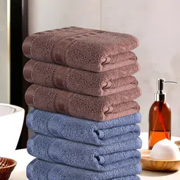 Kuber Industries Blue & Brown 6 Pieces Striped Cotton Anti-Bacterial 225 GSM Face Towels-image-94