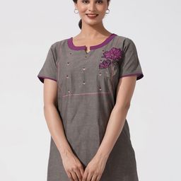Maybell Women V-Neck Embroidered Maxi Pure Cotton Nightdress-image-75