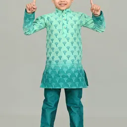 NFC CREATION Boys Floral Printed Regular Dupion Silk Kurta with Pyjamas image 1