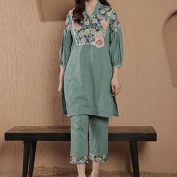 SRIHA Floral Embroidered V-Neck Pure Cotton Tunic With Trousers-picture-49