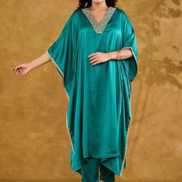 VASVI Satin Mirror Work V-Neck Kaftan Kurta With Trousers-picture-16