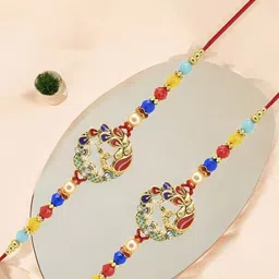 MEIRA JEWELLERY Set Of 2 Stones Studded & Beaded Peacock Thread Rakhis & Roli Chawal Card-45