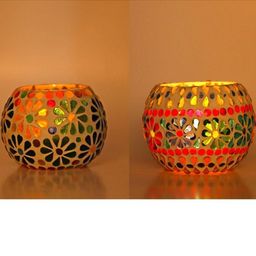 Somil Vibrant Multicolor Glass Candle Holder Add A Touch Of Magic To Diwali, Parties & Candlelight Dinners, Size-8.5 X 8.5 X 7 Cm , 11 X 11 X 8 Cm Pack OF 2-image-95