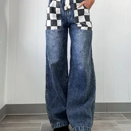 KPOP Women Checked Original High-Rise Light Fade Wide Leg Jeans-image-16
