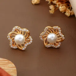 QUERALT Brass Plated Pearls And Cubic Zirconia Studded Floral Shaped Studs-picture-20