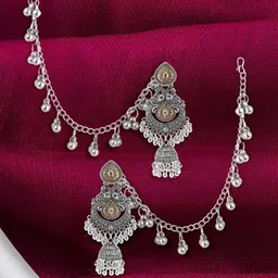 PRIVIU German Silver Plated Oxidised Artificial Beaded Dome Shape Jhumkas With Ear Chain-35