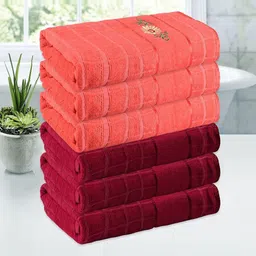Myntra Elegant Homes Red & Orange 6 Pieces Checked Cotton 260 GSM Bath Towels-6
