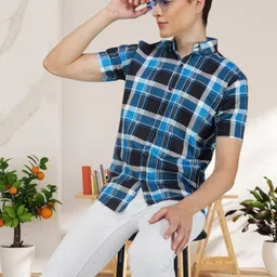 BASE 41 Men Slim Fit Spread Collar Tartan Checked Casual Shirt-image-81