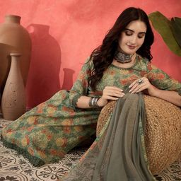 Sangria Floral Printed Lace-Up Detail Pure Cotton Straight Kurta With Trousers & Dupatta image 3