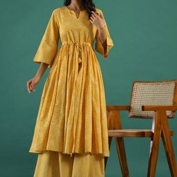 Sangria Yellow Bandhani Printed Notch Neck Empire Anarkali Pure Cotton Kurta With Palazzos-picture-52