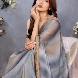 ALAGINI Sequined Lace Border Satin Saree With Blouse Piece-image-54
