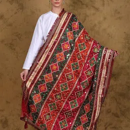 Exotic India Phulkari Dupatta From Punjab With Thread Embroidery And Bead Mirror Work-image-41