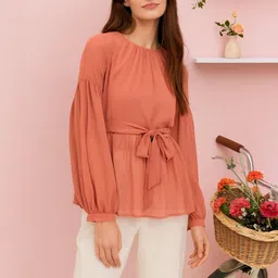 HERE&NOW Women Fawn Solid Model Puff Sleeves Top with Waist Belt-picture-35