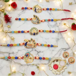 MEIRA JEWELLERY Set Of 5 Beaded Peacock Rakhi Comes with Roli Chawal & Greeting Card-18