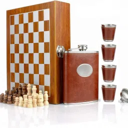 Chess Game Brown Leather Hip Flask Set Stainless Steel, PU Leather Hip Flask-image-52
