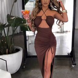 bebe Brown Halter Neck Cut-Out Ruched Drawstring Slit Bodycon Maxi Dress-image-69