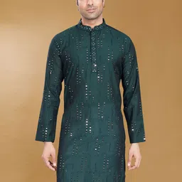 DIVISIVE Men Striped Embroidered Mandarin Collar Mirror Work A-Line Kurta-picture-10