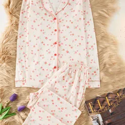 Trendyol Women Printed Lapel Collar Pure Cotton Night Suit-picture-5