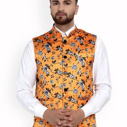 VEERA PARIDHAAN Printed Satin Floral Design Mandarin Collar Nehru Jackets-0