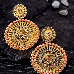 ANIKAS CREATION Gold Plated Cubic Zirconia Studded Circular Drop Earrings-image-17