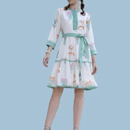 Kaftanize Women Ivory Color Multi Bold Floral Printed Fit and flare Dress In Cotton Voile-52