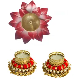 GADINFASHION 3Pcs Yellow & Red Akhand Jyoti Lotus Shape Diya & Tealight Candle Holders-picture-42