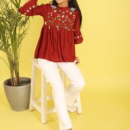 Miss & Chief Girls Floral Embroidered Three Fourth Sleeves Top-picture-0