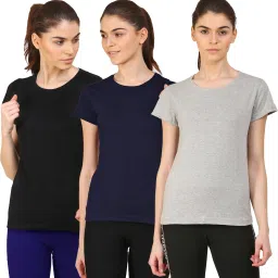 Pack of 3 Women Solid Round Neck Cotton Blend Dark Blue, Black, Grey T-Shirt-image-107