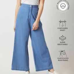 Light Weight Denim Women Relaxed Blue Cotton Blend Trousers-image-78