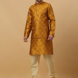 KRAFT INDIA Ethnic Motifs Printed Sequinned Mandarin Collar Jacquard Kurta With Churidar-picture-4