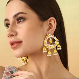 Priyaasi Gold-Plated Beads Beaded Enamelled Lotus Shaped Chandbalis-11