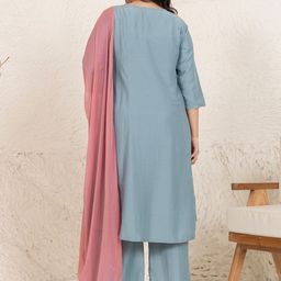 Janasya Plus Size Ethnic Motifs Regular Thread Work Kurta with Palazzos &Dupatta image 2
