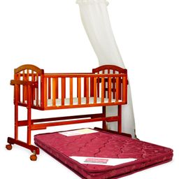 Babyhug Ionia Wooden Cradle With Mosquito Net - Cherry AND Babyhug Mattress Floral Print - Maroon-picture-1