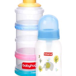 Babyhug Cereal Feeder With Spoon Blue - 150 ml & Milk Powder Container 4 Racks - Blue Pink Yellow Combo Pack-17