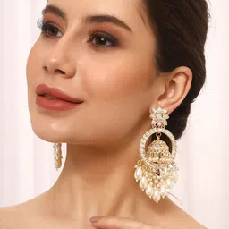Priyaasi Gold-Plated Kundan Studded & Beads Beaded Contemporary Drop Earrings-image-21