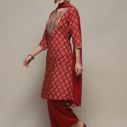 Biba Ethnic Motifs Printed Regular Thread Work Straight Kurta with Palazzos & Dupatta image 5