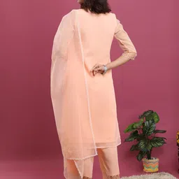 Vishudh Peach-Coloured Ethnic Motifs Yoke Design Thread Work Kurta With Palazzos & Dupatta image 5