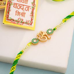 Sangria Kundan Studded Om Design Thread Rakhi With Roli Chawal Chandan & Mishri-54