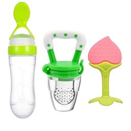 Joy Buzz Kids Set Of 3 Baby Spoon Feeder Fruit Feeder & Teether - Green & Pink-55