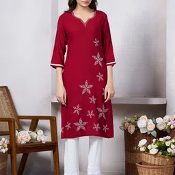 NIZA FASHION Floral Embroidered Notch Neck Straight Kurta-36