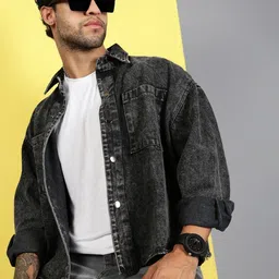 VOXATI Men Grey Solid Oversized Relaxed Denim Shirt-picture-18