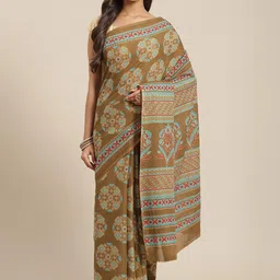 KALINI Women Olive Green Ajrak print Cotton Saree with Blouse-42