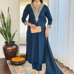 SHOPONBIT Women Ethnic Motifs Embroidered Kurti with Trousers & With Dupatta Kurta Sets-image-86