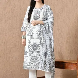 HARIKS Women Floral Printed Regular Pure Cotton Kurti with Trousers & Dupatta-picture-1